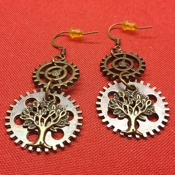Dangling Gear Earrings Tree of Life Bronze - Picture 7 of 9